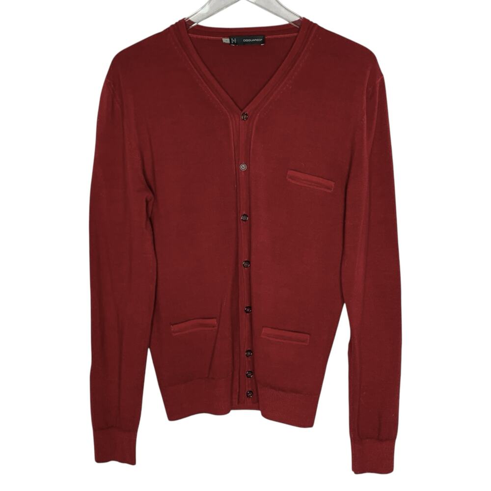 DSQUARED2 M V Neck Wool Fine Knit Cardigan Sweater Elbow Patches Red